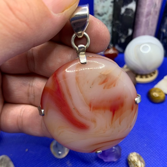 HUGE gorgeous Red & Orange Banded Agate “BLOOD MOON” Pendant w Choice of Chain! - Picture 14 of 14